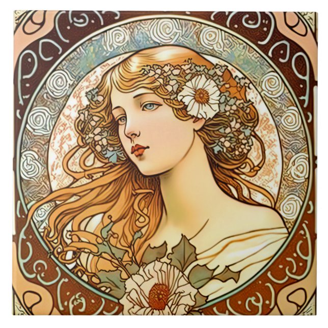 Alphonse Mucha Sarah Bernhardt Art nouveau Ceramic Kakelplatta (Framsidan)