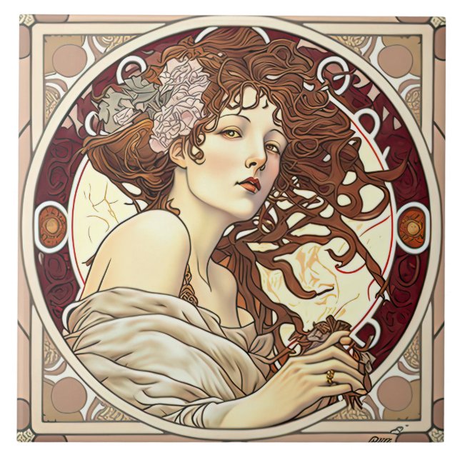 Alphonse Mucha Sarah Bernhardt Art nouveau Ceramic Kakelplatta (Framsidan)