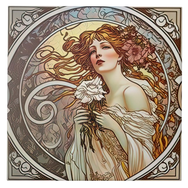 Alphonse Mucha Sarah Bernhardt Art nouveau Ceramic Kakelplatta (Framsidan)