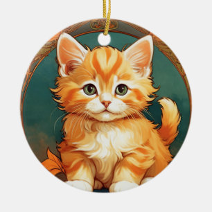 Alphonse Mucha Stil Orange Cat Julgransprydnad Keramik