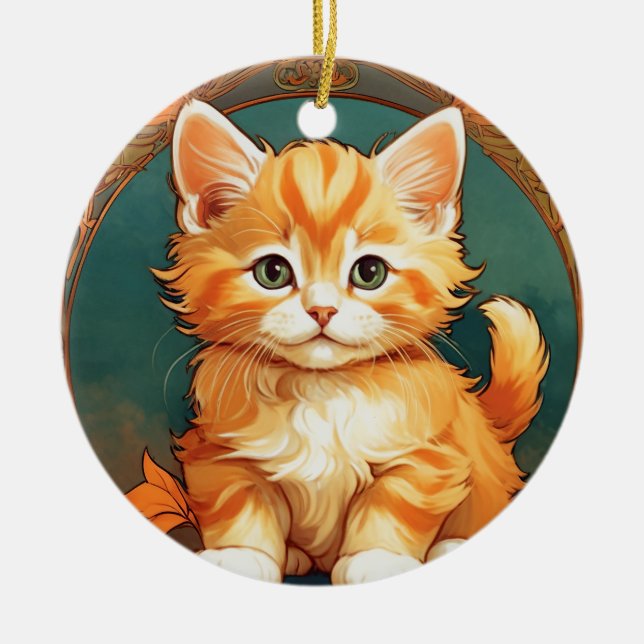 Alphonse Mucha Stil Orange Cat Julgransprydnad Keramik (Framsidan)