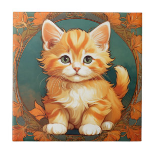 Alphonse Mucha Stil Orange Cat Kakelplatta