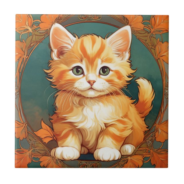 Alphonse Mucha Stil Orange Cat Kakelplatta (Framsidan)