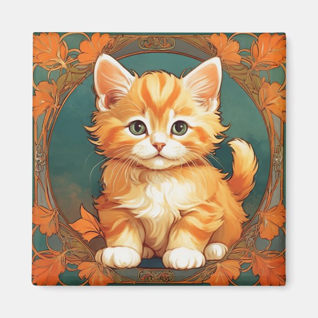 Alphonse Mucha Stil Orange Cat Magnet (Framsidan)