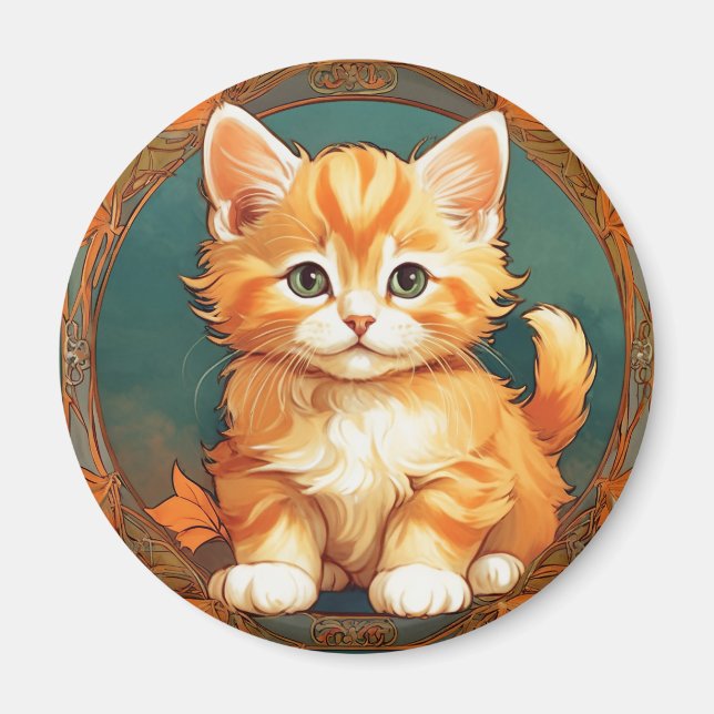 Alphonse Mucha Stil Orange Cat Magnet (Framsidan)