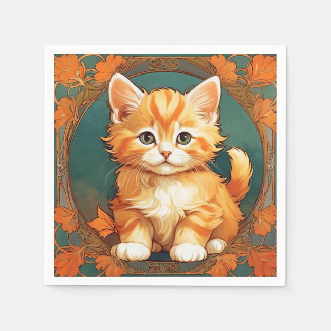 Alphonse Mucha Stil Orange Cat Pappersservett (Framsidan)