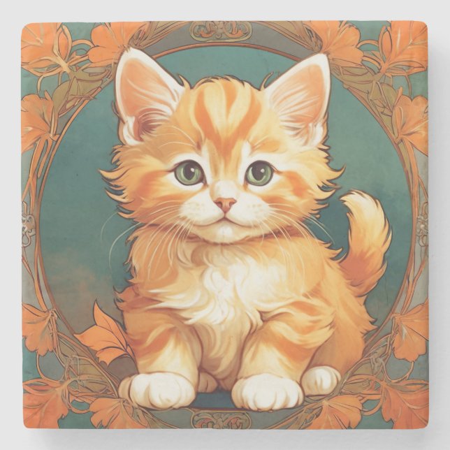 Alphonse Mucha Stil Orange Cat Stenunderlägg (Framsidan)