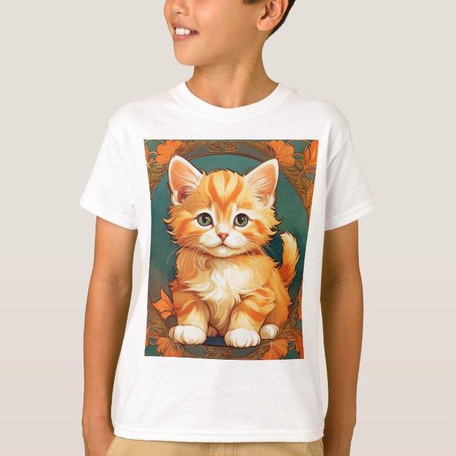 Alphonse Mucha Stil Orange Cat T Shirt (Framsida)