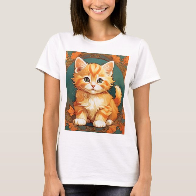 Alphonse Mucha Stil Orange Cat T Shirt (Framsida)