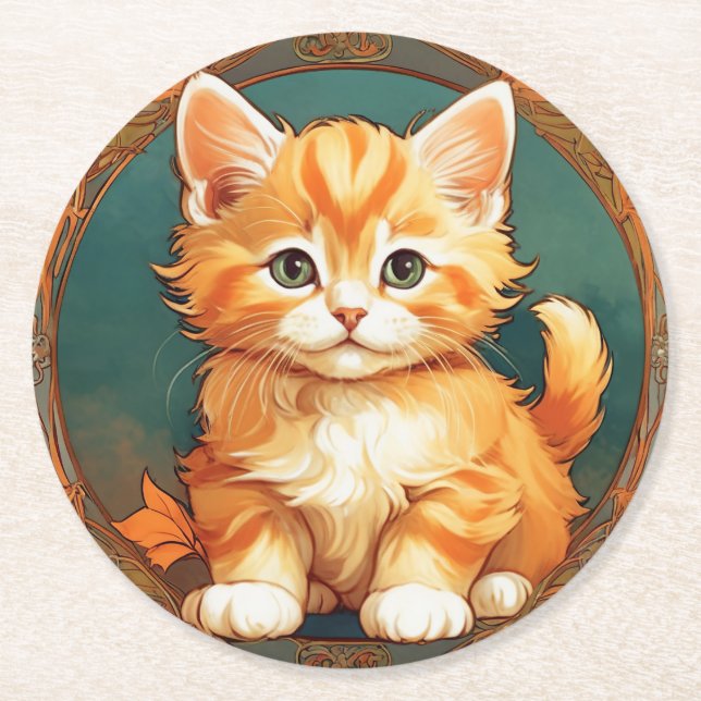 Alphonse Mucha Stil Orange Cat Underlägg Papper Rund (Framsidan)