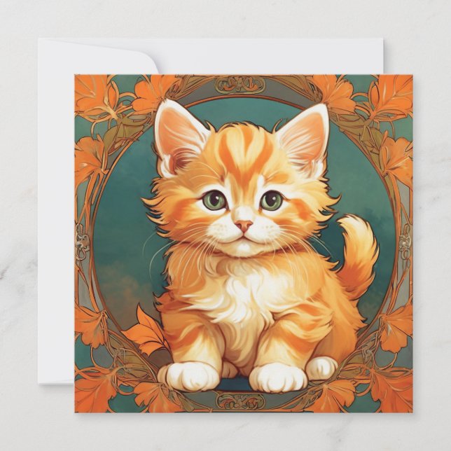Alphonse Mucha stil orange katt Inbjudningar (Framsida)