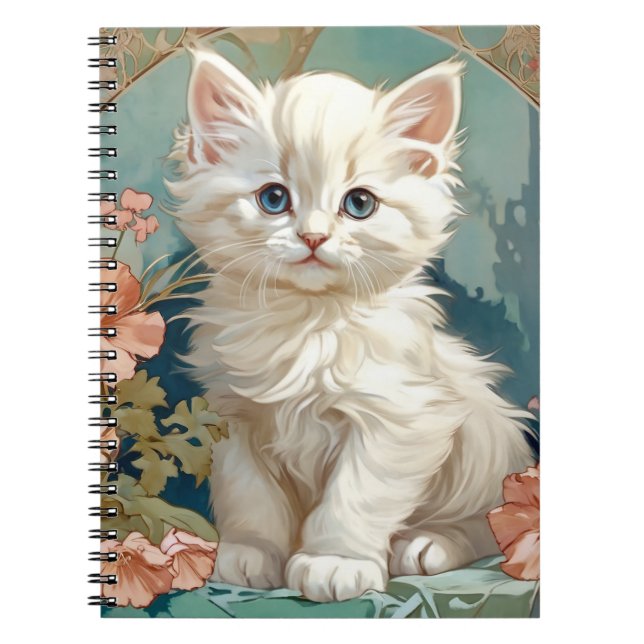 Alphonse Mucha Stil White Cat Anteckningsbok (Framsidan)