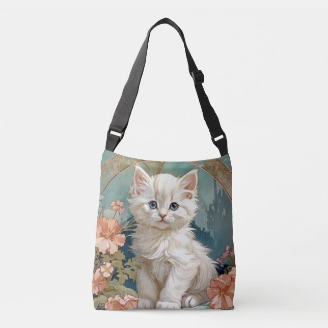 Alphonse Mucha Stil White Cat Axelväska (Framsida)