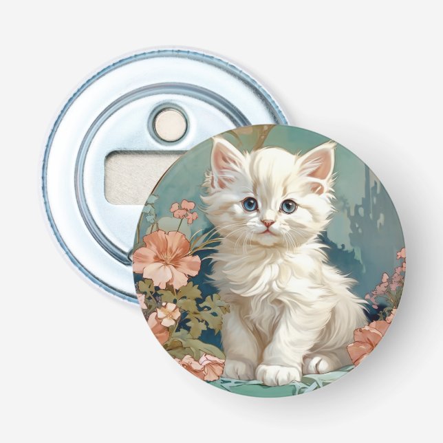 Alphonse Mucha Stil White Cat Flasköppnare (Framsidan)
