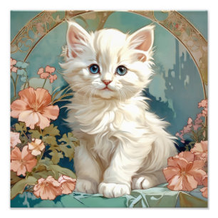 Alphonse Mucha Stil White Cat Fototryck