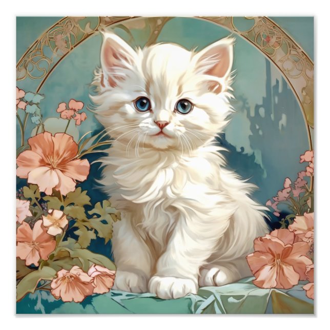 Alphonse Mucha Stil White Cat Fototryck (Framsidan)