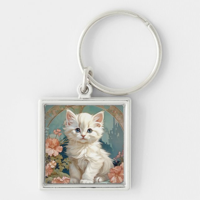 Alphonse Mucha Stil White Cat Fyrkantig Silverfärgad Nyckelring (Framsidan)