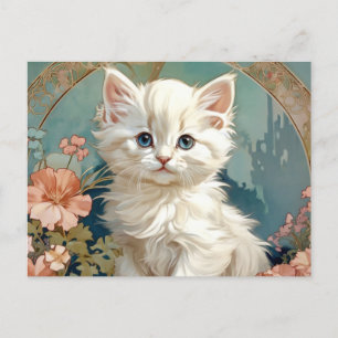 Alphonse Mucha Stil White Cat Helg Vykort