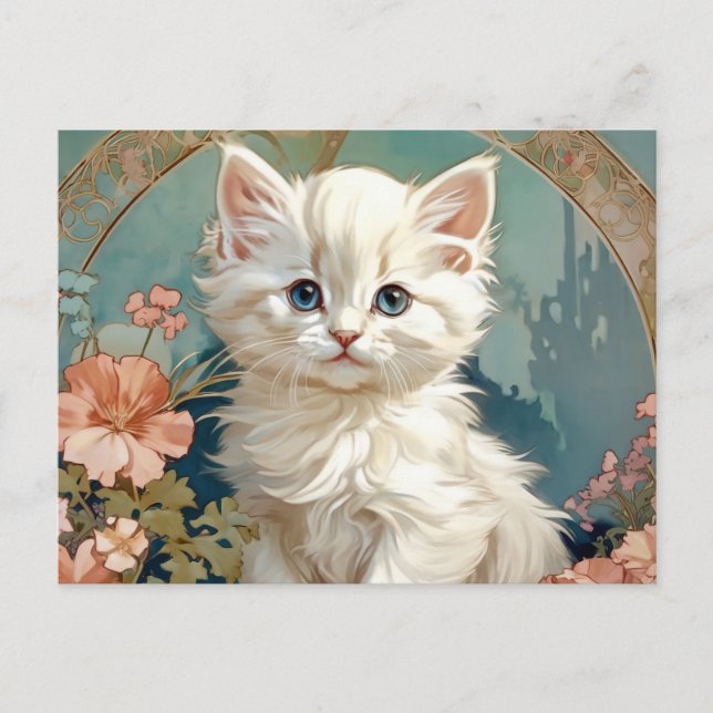 Alphonse Mucha Stil White Cat Helg Vykort (Framsida)