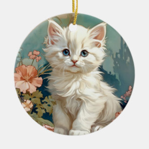 Alphonse Mucha Stil White Cat Julgransprydnad Keramik