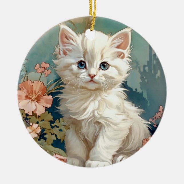 Alphonse Mucha Stil White Cat Julgransprydnad Keramik (Framsidan)