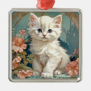 Alphonse Mucha Stil White Cat Julgransprydnad Metall