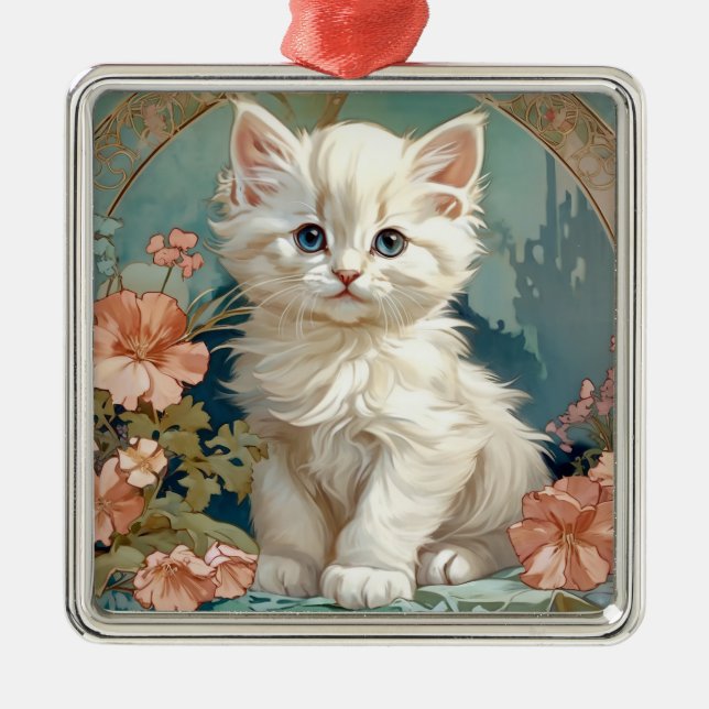 Alphonse Mucha Stil White Cat Julgransprydnad Metall (Framsidan)