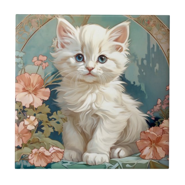 Alphonse Mucha Stil White Cat Kakelplatta (Framsidan)