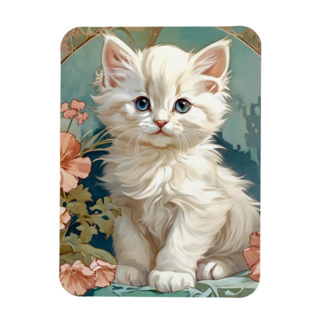 Alphonse Mucha Stil White Cat Magnet (Vertikal)