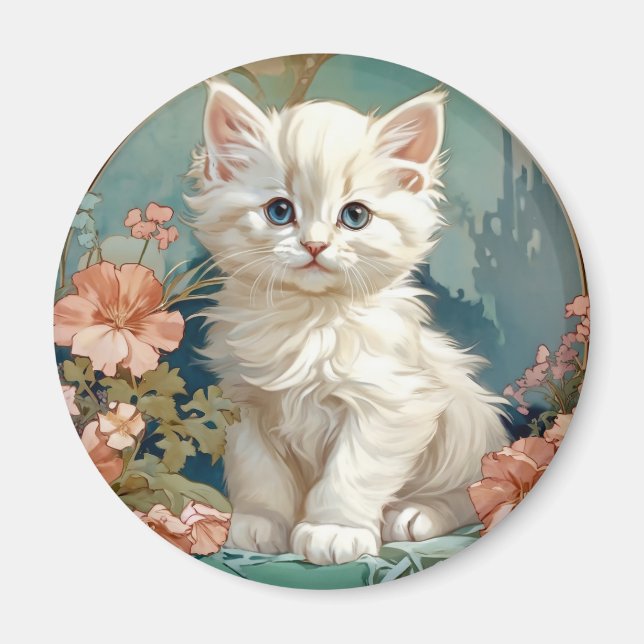 Alphonse Mucha Stil White Cat Magnet (Framsidan)