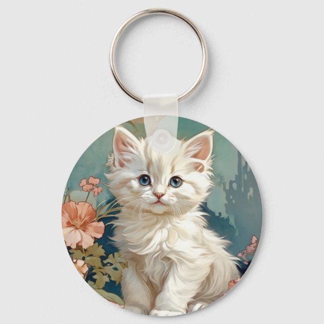 Alphonse Mucha Stil White Cat Nyckelring (Framsida)