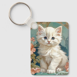 Alphonse Mucha Stil White Cat Nyckelring