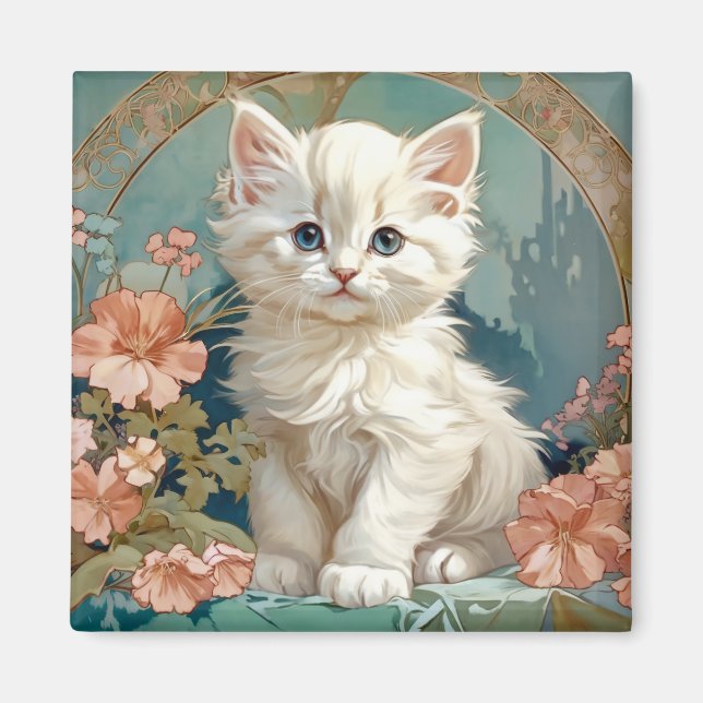 Alphonse Mucha Stil White Cat, persian Kitten Art Magnet (Framsidan)
