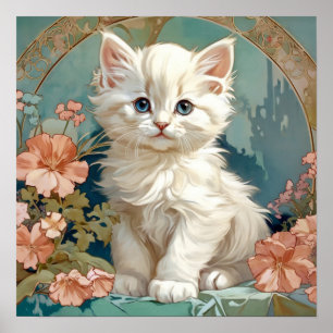 Alphonse Mucha Stil White Cat Poster