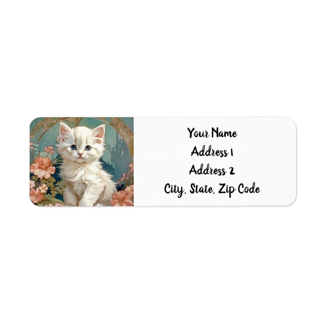 Alphonse Mucha Stil White Cat Returadress Etikett (Framsidan)