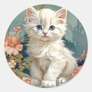 Alphonse Mucha Stil White Cat Runt Klistermärke