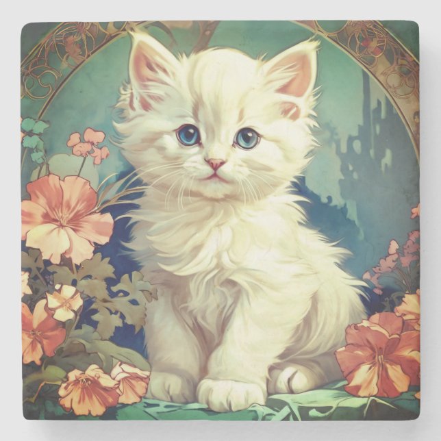 Alphonse Mucha Stil White Cat Stenunderlägg (Framsidan)