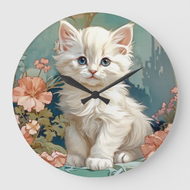 Alphonse Mucha Stil White Cat Stor Klocka (Framsida)