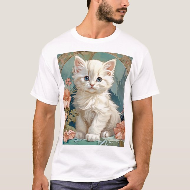 Alphonse Mucha Stil White Cat T Shirt (Framsida)