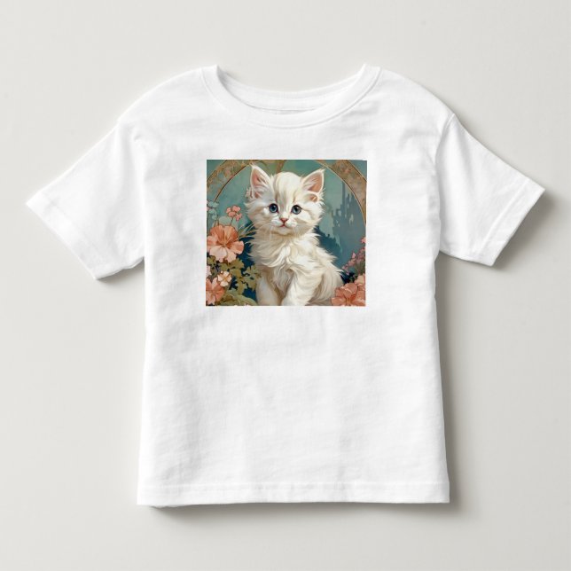 Alphonse Mucha Stil White Cat T Shirt (Framsida)