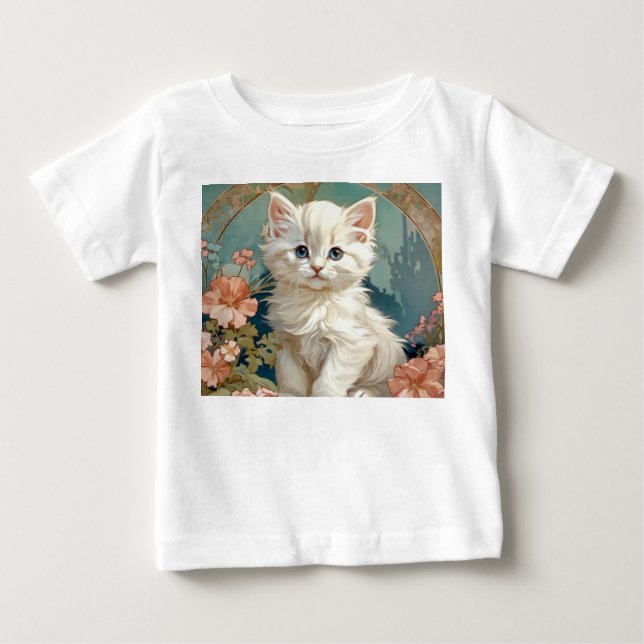 Alphonse Mucha Stil White Cat T Shirt (Framsida)