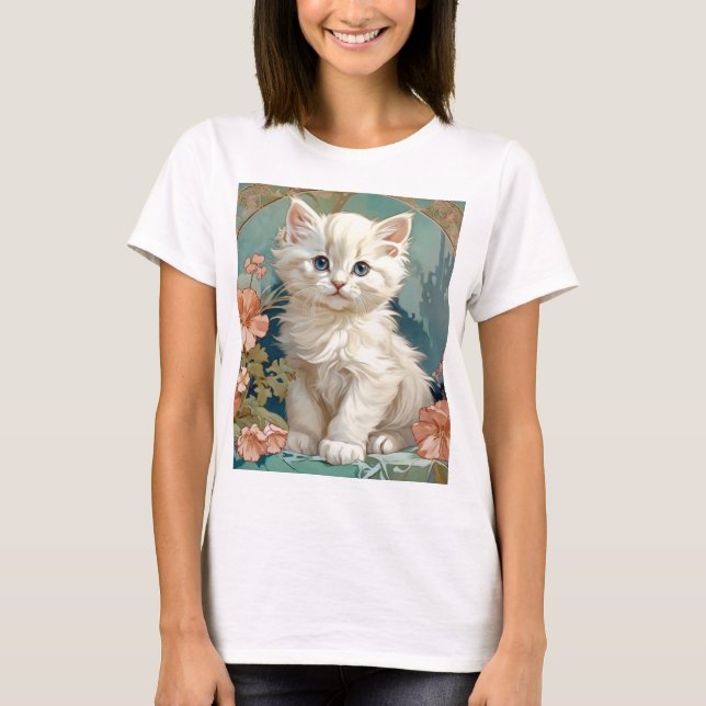 Alphonse Mucha Stil White Cat T Shirt (Framsida)