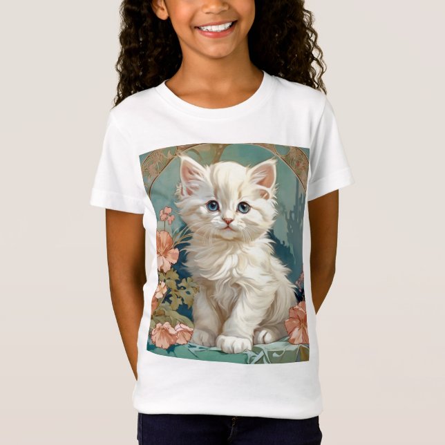 Alphonse Mucha Stil White Cat T Shirt (Framsida)