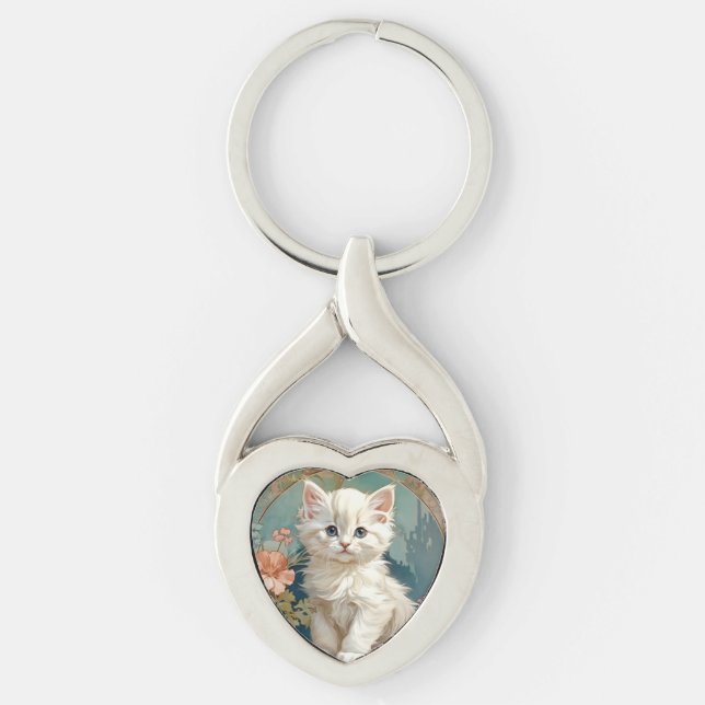 Alphonse Mucha Stil White Cat Twisted Heart Silverfärgad Nyckelring (Framsidan)