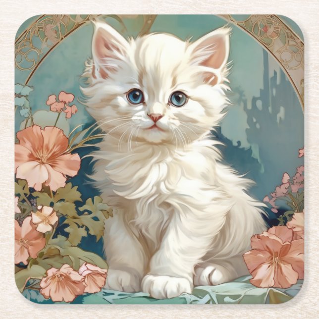 Alphonse Mucha Stil White Cat Underlägg Papper Kvadrat (Framsidan)