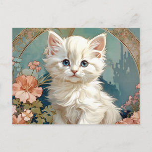 Alphonse Mucha Stil White Cat Vykort