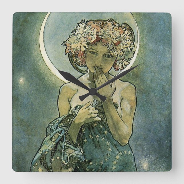 Alphonse Mucha Stunning Art nouveau Woman #18 Fyrkantig Klocka (Framsida)
