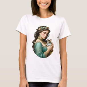 Alphonse mucha, vacker flicka med katt, vintage t shirt