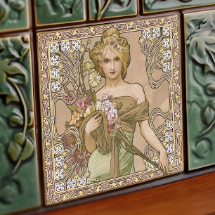 Alphonse Mucha Vår 4Seasons Art nouveau Vintage Kakelplatta