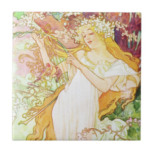 Alphonse Mucha Vår Blommigt Vintage Art nouveau Kakelplatta